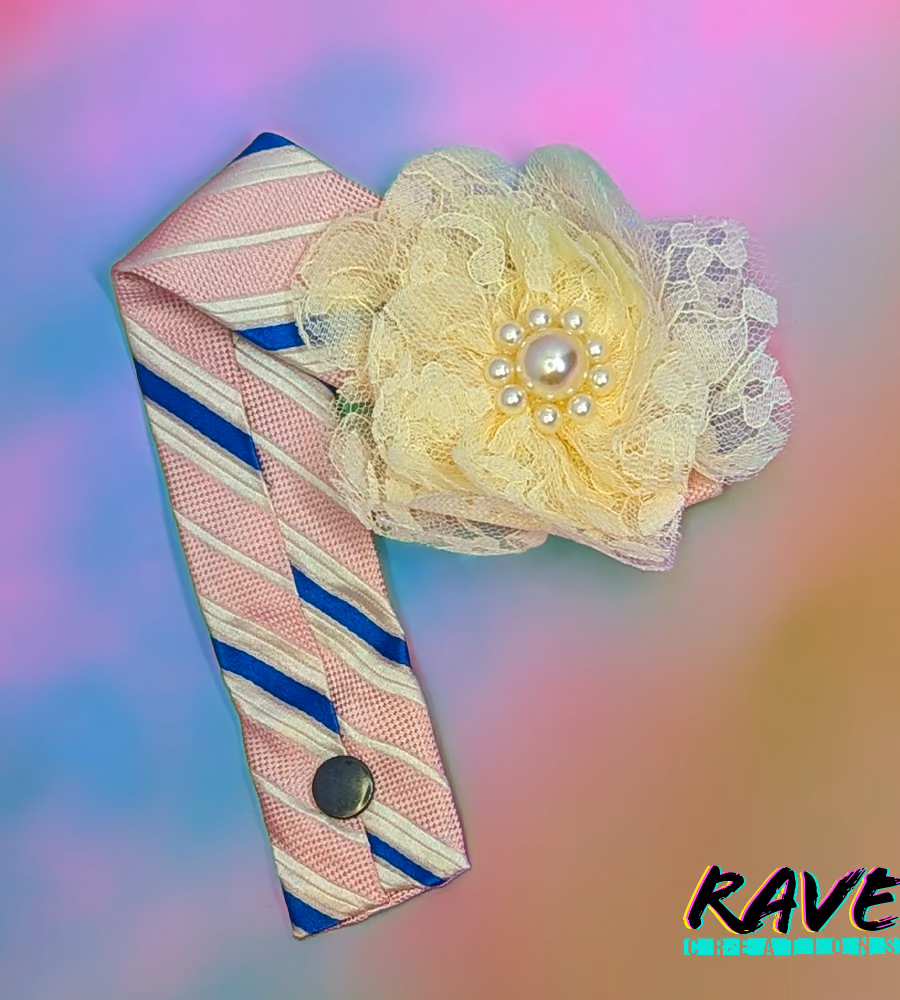 Dreamy Grace Bracelet with lace rose detail and a soft pink-and-blue silk tie pattern.