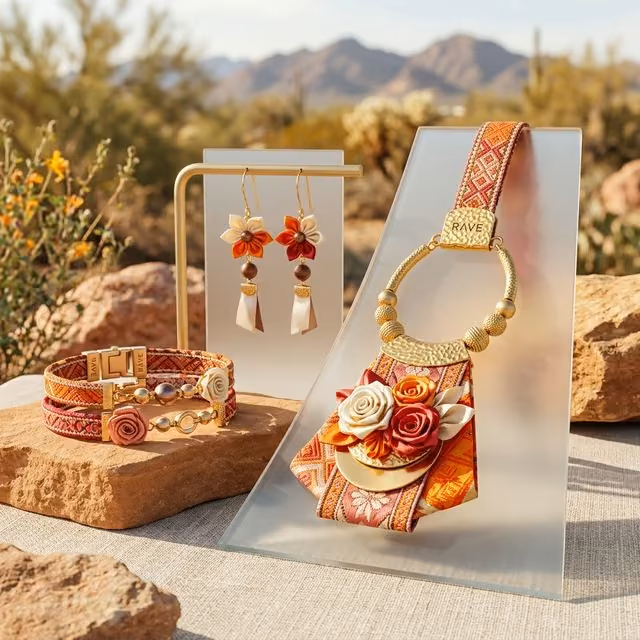 Premium editorial 3D visualization of RAVE jewelry and accessories.